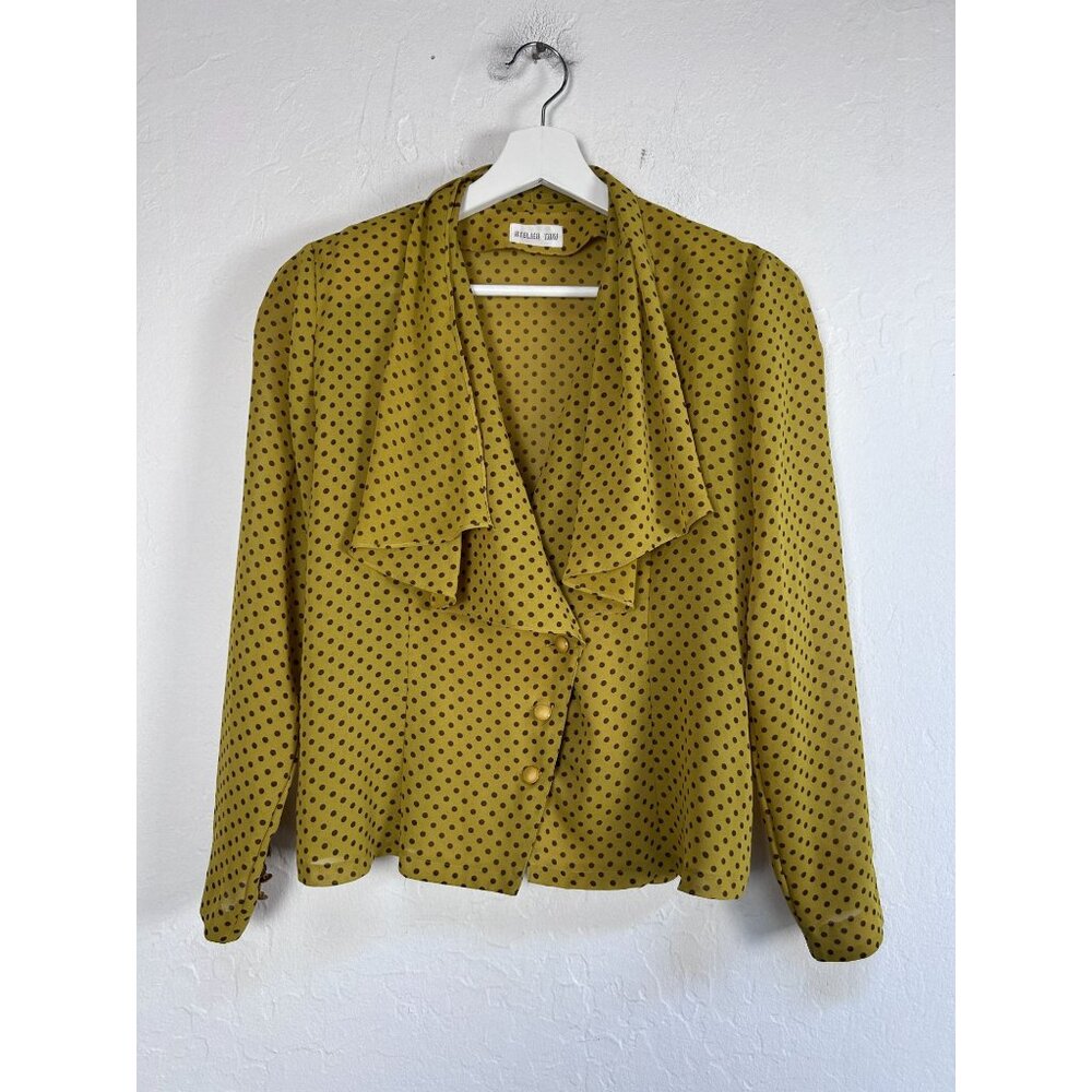 Vintage Atelier Taki Womens Yellow Polka Dot Front Drape Collar Blouse Japan